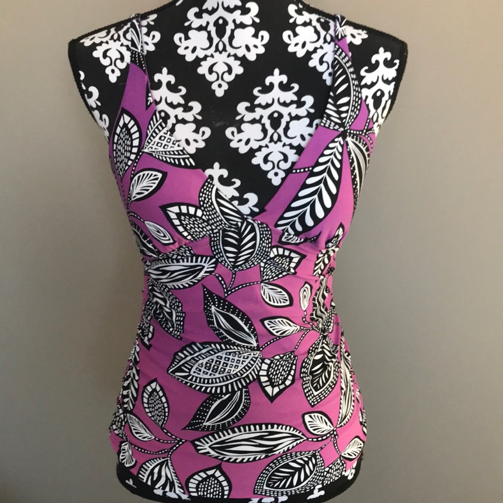 Seafolly purple navy and white tankini top with ruching on sides.